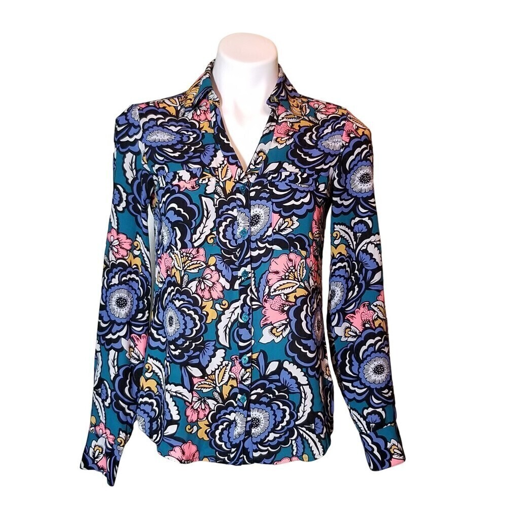Express Womens Portofino Shirt Blouse Blue Pop Floral Slim Fit Top Size XSmall